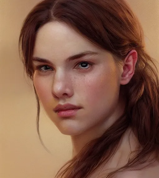 Prompt: portrait of a young woman, light freckles, soft features, muscular, half body, cloth, hazel eyes, short brown hair, thick eyebrows, back light, d & d, fantasy, intricate, highly detailed, digital painting, artstation, concept art, smooth, sharp focus, illustration, art by artgerm and greg rutkowski and alphonse mucha
