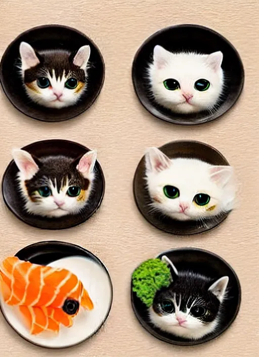 Image similar to clear photorealistic picture of adorable cats made out of sushi