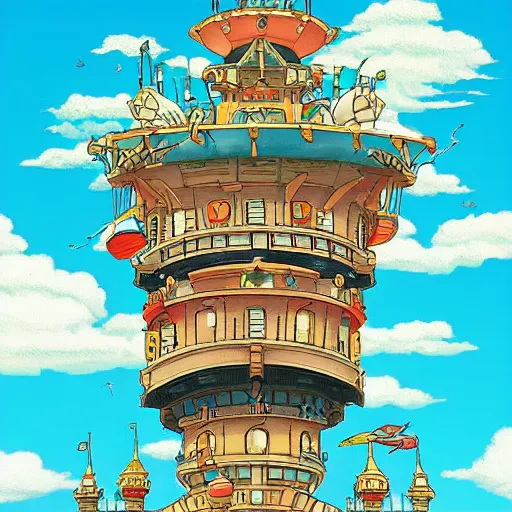 Image similar to intricate illustration, of flying castle, ghibli colorful, cinematic composition