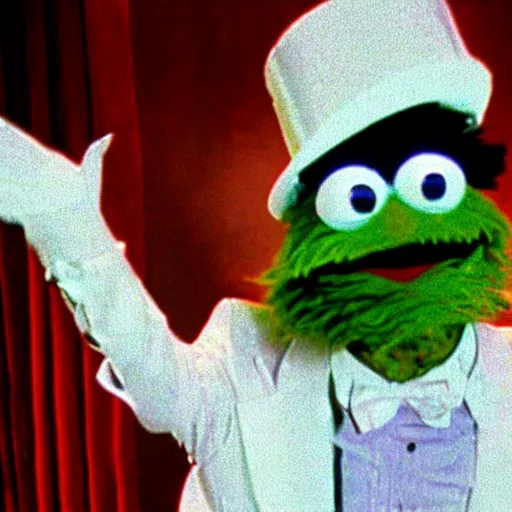 Image similar to Oscar the Grouch in a sparkly white tuxedo in an episode of the tv show American Horror Story (1998), vintage VHS video