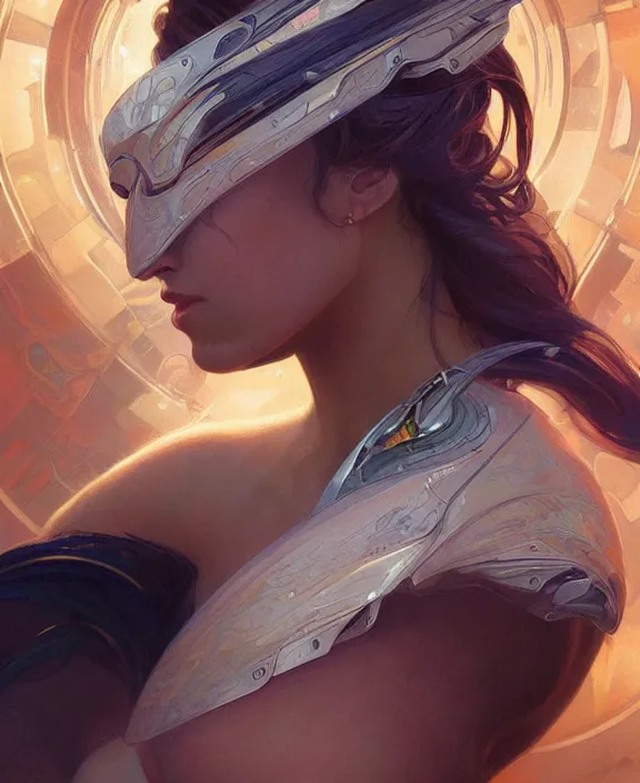 Image similar to portrait of a futuristic woman, half body, d & d, fantasy, intricate, elegant, highly detailed, digital painting, artstation, concept art, art by artgerm and greg rutkowski and alphonse mucha, boris vallejo