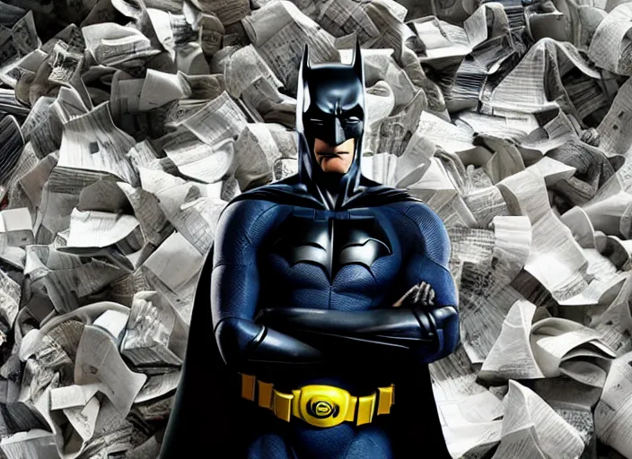 Image similar to obama nervously standing by a mountain of papers, film still in the new batman movie, 4 k