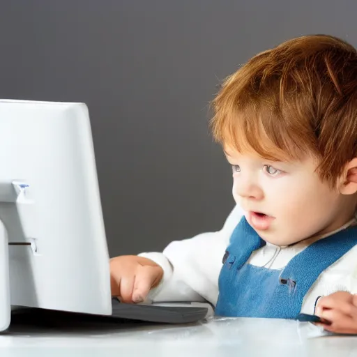 Prompt: toddler with light hair using desktop computer