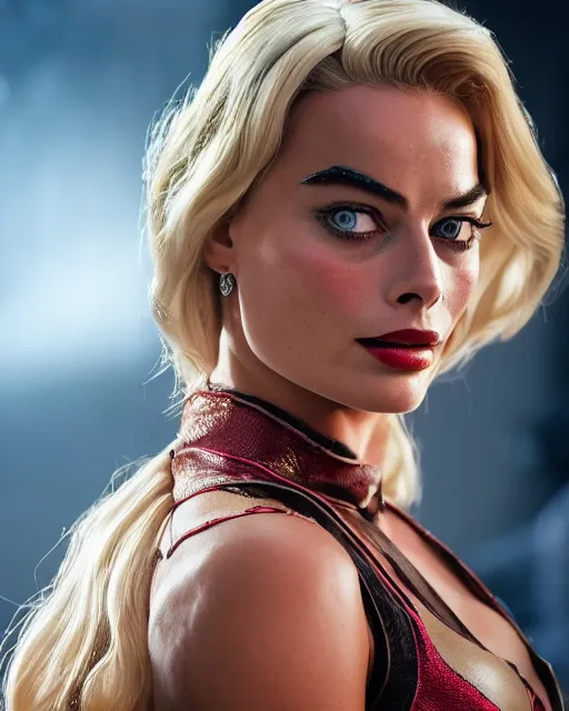 Image similar to body shot of margot Robbie wearing a cosplay costume, detailed face, 4k, hd, cinematic