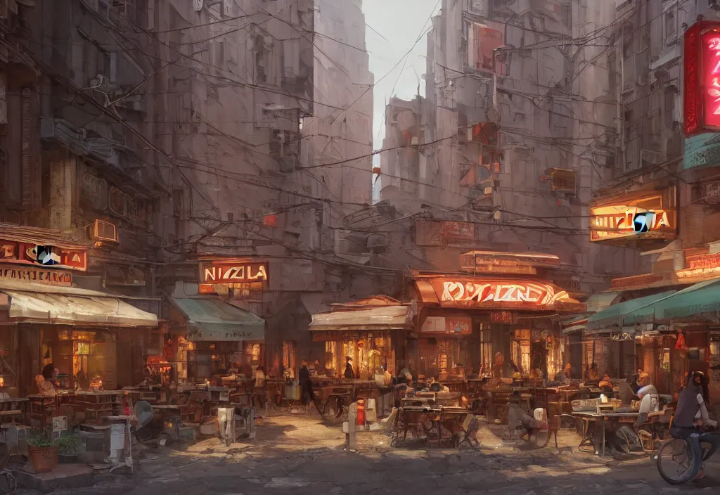 Image similar to A highly detailed matte painting of an Italian pizzeria in new york by Studio Ghibli, Makoto Shinkai, by Artgerm, by WLOP, by Greg Rutkowski, volumetric lighting, cyberpunk, octane render, 4K resolution, trending on artstation, masterpiece