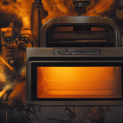 Image similar to head of toaster oven mecha, dark messy smoke - filled cluttered workshop, dark, dramatic lighting, orange tint, cinematic, highly detailed, sci - fi, futuristic, movie still