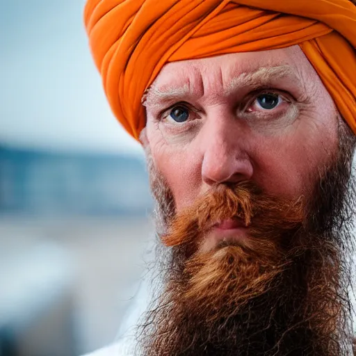 Image similar to a portrait of donald trump wearing a long beard and a turban joining the taliban, fine details, close up, 8 k photography, depth of field, bokeh. i