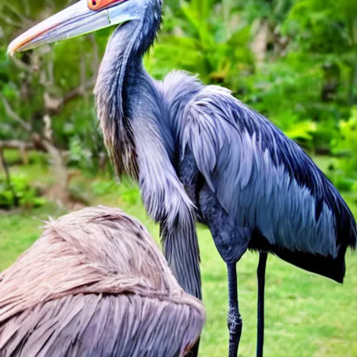 Prompt: shoebill stork and velociraptor hybrid animal, sharp beak, real photo, taken in zoo,