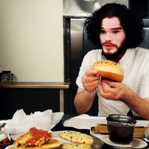 Prompt: john snow eating a hamburger