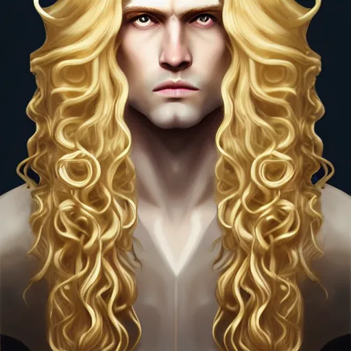 Prompt: Lucius the pale blond androgynous god of the sun, highly detailed, very very very long curly golden blond hair, baroque curls, curtain bangs, central parted fringe, extremely luscious curly blond hair, very very very pale white skin, digital painting, artstation, concept art, soft light, sharp focus, illustration