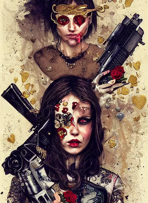 Image similar to tarot card :: horror :: hearts and roses :: gold and silver :: guns and swords :: by Sandra Chevrier and bastien lecouffe deharme