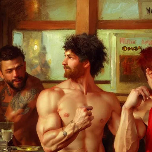 Prompt: attractive muscular male with red hair and attractive muscular male with black hair. pants and shorts, drinking their hearts out, having fun, in a pub. highly detailed and very defined painting by gaston bussiere, j. c. leyendecker, craig mullins 8 k