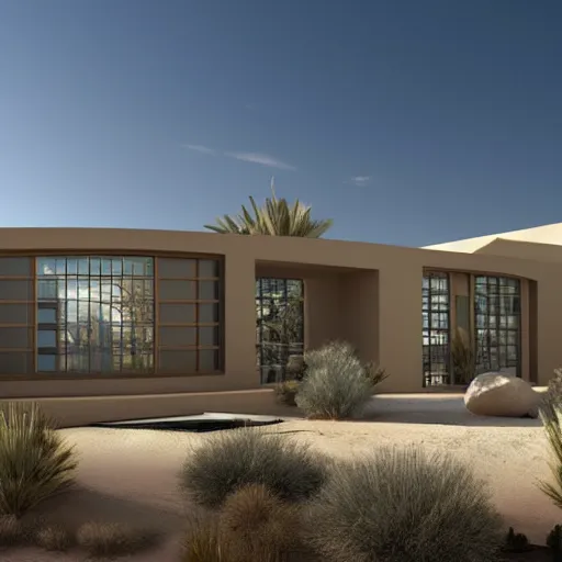 Image similar to architectural rendering of building in the desert, biophilia, naturalism, modern style