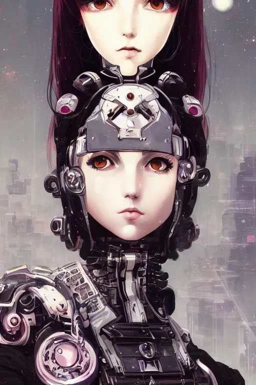 Prompt: portrait of beautiful young gothic cyborg anime maiden, cute-fine-face, fine details. Anime, cyberpunk, Warhammer, highly detailed, artstation, illustration, art by Ilya Kuvshinov and Gustav Klimt