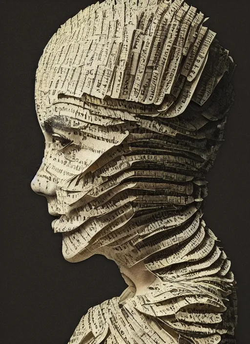 Prompt: a woman's face in profile, made of pages skeleton, in the style of the Dutch masters and Gregory Crewdson, dark and moody