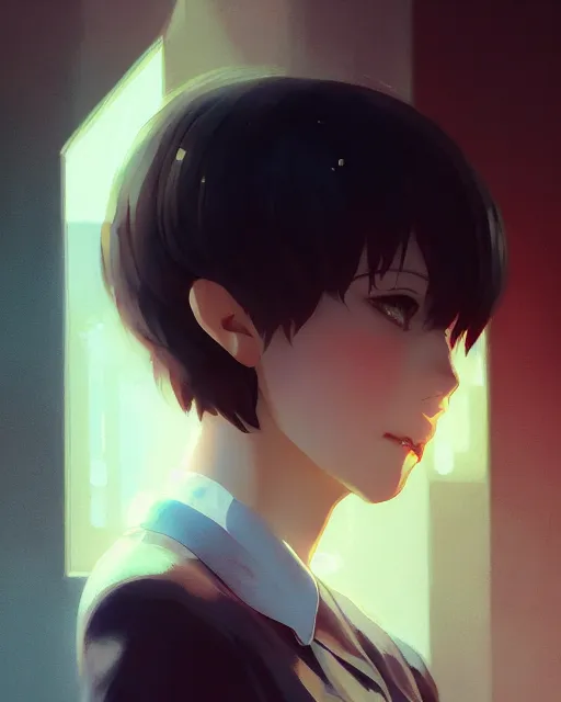 Image similar to kyoto animation, woman with short hair, beautiful, detailed portrait, cell shaded, 4 k, concept art, by wlop, ilya kuvshinov, artgerm, krenz cushart, greg rutkowski, pixiv. cinematic dramatic atmosphere, sharp focus, volumetric lighting, cinematic lighting, studio quality