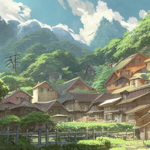 Prompt: concept art painting of a cozy village in a mountainous forested valley, historic english and european and japanese architecture, realistic, detailed, cel shaded, in the style of makoto shinkai and greg rutkowski and james gurney