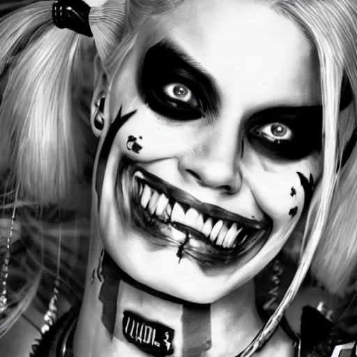 Image similar to Harley Quinn from the suicide squad, black and white, highly detailed