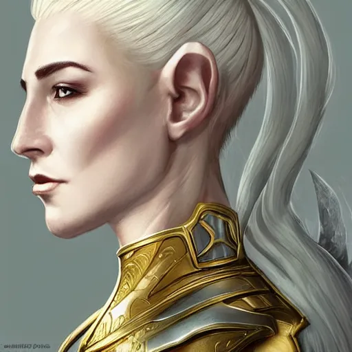 Prompt: side portrait!!! of a female elven warrior, fantasy, head tilted down, white hair, gold armour, gold jewelry, white skin, detailed face!!!!!, trending on artstation, gsociety, D&D, elegant, symmetrical facial features, highly detailed, sophisticated, hyperrealistic, detailed illustration, smooth, sharp focus, upper body, intricate, rule of thirds, holy glow, backlit, hd 4k by Greg Rutkowski, Charlie Bowater, Karol Bak