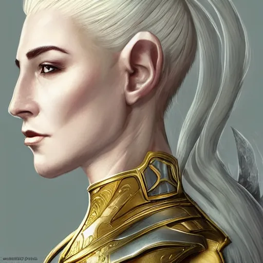 Image similar to side portrait!!! of a female elven warrior, fantasy, head tilted down, white hair, gold armour, gold jewelry, white skin, detailed face!!!!!, trending on artstation, gsociety, D&D, elegant, symmetrical facial features, highly detailed, sophisticated, hyperrealistic, detailed illustration, smooth, sharp focus, upper body, intricate, rule of thirds, holy glow, backlit, hd 4k by Greg Rutkowski, Charlie Bowater, Karol Bak