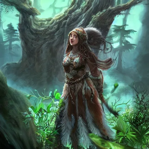 Prompt: druid in a natural scene. beautiful and very detailed digital art. trending on artstation.