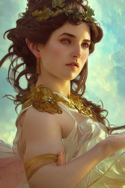 Prompt: close up portrait of goddes of laurel, digital illustration, dramatic lighting, by artgerm and greg rutkowski and alphonse mucha