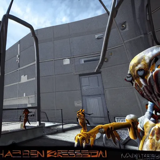 Prompt: Black Mesa Research Facility, Half-life, Gordon Freeman, G-Man, Xen, headcrab