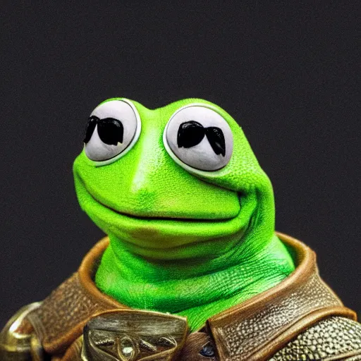 Image similar to hyperrealist highly detailed English medieval portrait of Kermit the Frog as Geralt of Rivia, concept art pascal blanche dramatic studio lighting 8k wide angle shallow depth of field