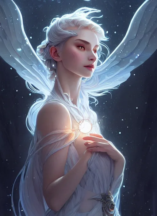 Image similar to a beautiful cinematic female winter goddess, cristal dress, ice wing, galatic shamen with quantum energy fantasy, fantasy magic, undercut hairstyle, dark light night, intricate, elegant, sharp focus, illustration, highly detailed, digital painting, concept art, matte, art by wlop and artgerm and greg rutkowski and alphonse mucha, masterpiece