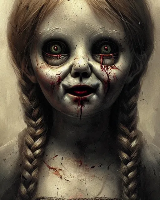 Image similar to annabelle doll, hyper realistic face, horror, fantasy art, in the style of greg rutkowski, intricate, hyper detailed