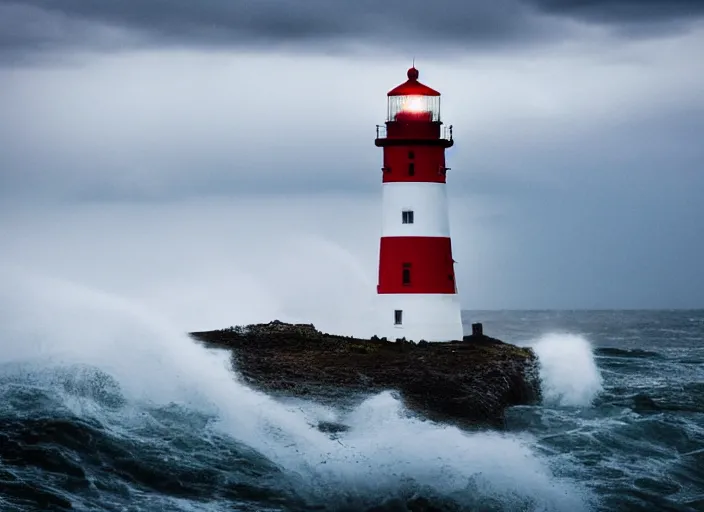 Image similar to lighthouse in a storm. lonely, churning waves, splashing on lighthouse. warm lighting