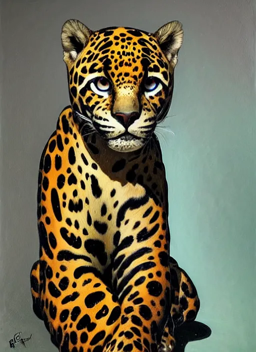 Image similar to oil portrait of realistic jaguar holdeing black drinking can, intricate, elegant, highly detailed, lighting, painting, artstation, smooth, illustration, art by greg rutowski and alphonse mucha