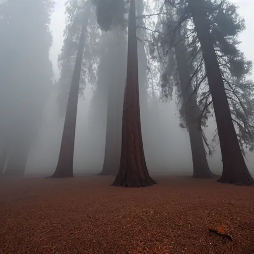 Prompt: extremely foggy sequoia forest, dense fog, huge tree trunks, white mist and fog, low visibility, spooky