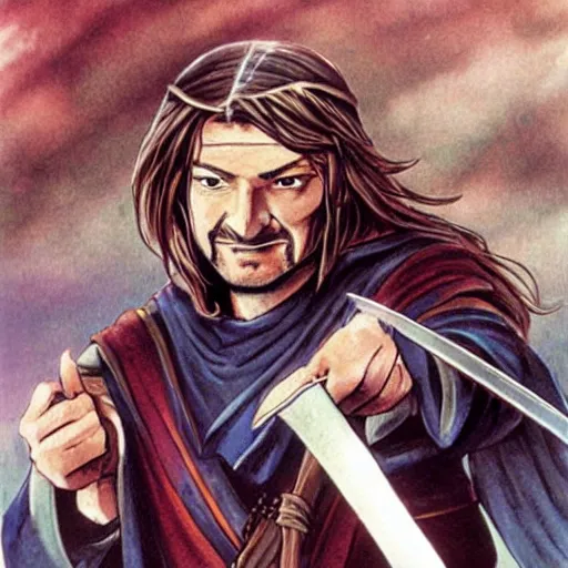 Prompt: boromir in an 80\'s anime world, holding a sword, incredibly detailed, ultra realistic