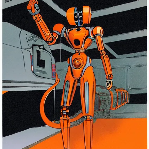 Image similar to mechanic with robot legs. orange and black color scheme. concept art by james gurney and mœbius.