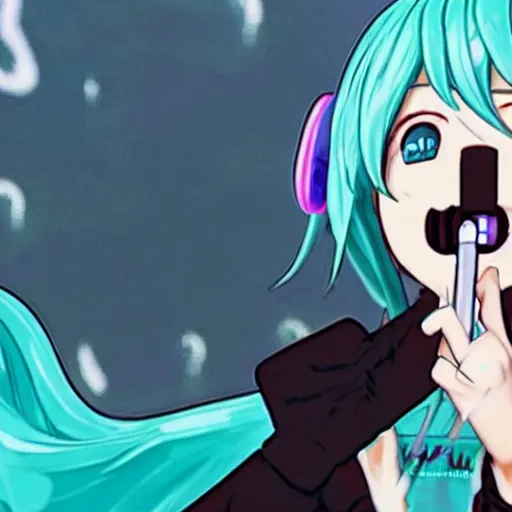 Prompt: hatsune miku smoking a vape pen in her right hand and holding up a peace sign in her left hand | smoke coming out of her mouth,