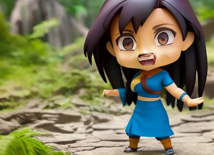 Prompt: katara from avatar as nendoroid is summoning a giant wave from a like in a forest! in the croods movie style, anime, disney, pixar, 8 k, hd, dof, kodak film, volumetric lighting, subsurface scattering, photorealistic, octane render, details