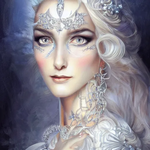 Prompt: a beautiful woman wearing a white dress made of silver with jewelry and diamonds by karol bak, ayami kojima, artgerm, sakimichan, arabian beauty, blue eyes, smile, concept art, fantasy