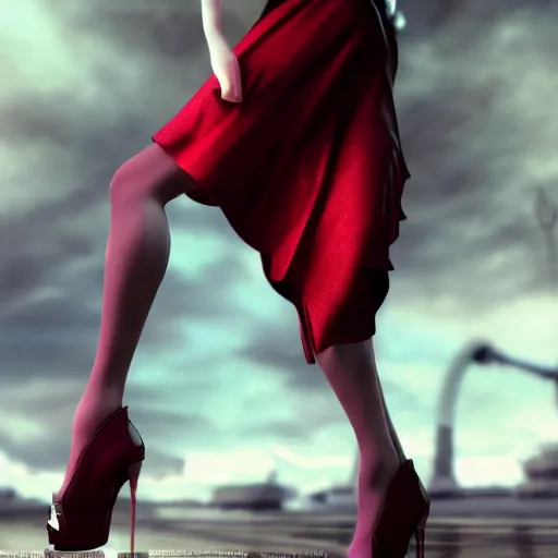 Image similar to epic scene of very attractive final fantasy vii female character, detail face, lovely eyes and detailed lips, with amazing detail red dress, feet in high heels, side view ) ( fighting ) hyper realistic 3 d render, art station, particles, epic scene, mucha, clouds, seductive jump pose, blur focus, action,