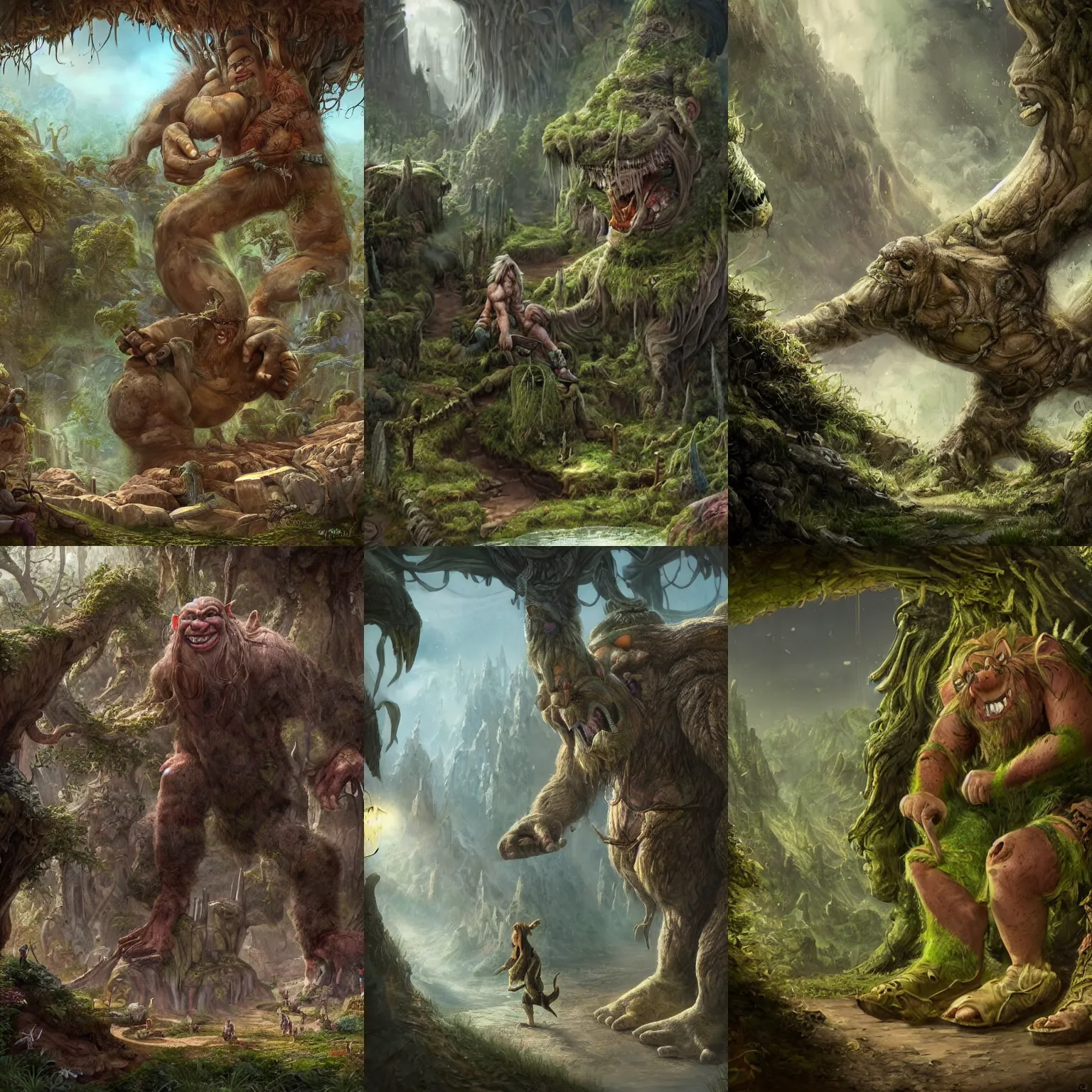 Prompt: a large giant troll has lost his shoe, his foot is bare and he is looking for his shoe, trending on art station fantasy art, scene from a movie, detailed and intricate environment