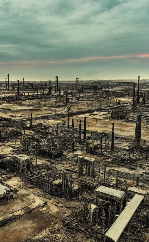 Prompt: industrial devastation abandoned factories oil field post - apocalyptic dusk wasteland irradiated contaminated