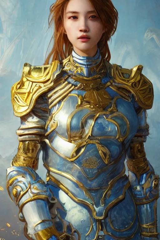 Image similar to portrait knights of Zodiac girl, Chinese Blue and white porcelain color reflected armor, in ruined Agora of Athens, ssci-fi, fantasy, intricate, very very beautiful, elegant, golden light, highly detailed, digital painting, artstation, concept art, smooth, sharp focus, illustration, art by tian zi and WLOP and alphonse mucha