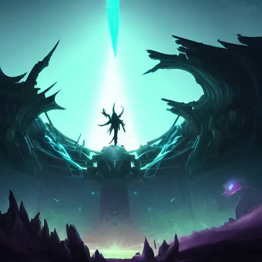 Image similar to Illustration of a Giant (Sentinal) holding the (blade) of the ruined king, digital art, (ruins), glow in the dark, (ethereal), the (void,) ominous, fear, very detailed, trending on artstation, high definition, by (Riot Games), League of legends