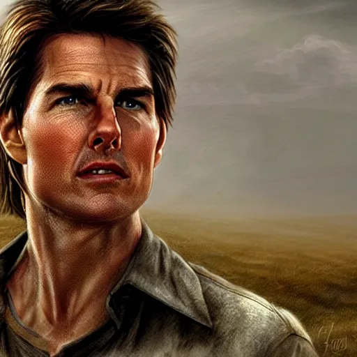 Image similar to Tom Cruise as a farmer, high resolution fantasy concept art, realistic, intricate details, soft lighting