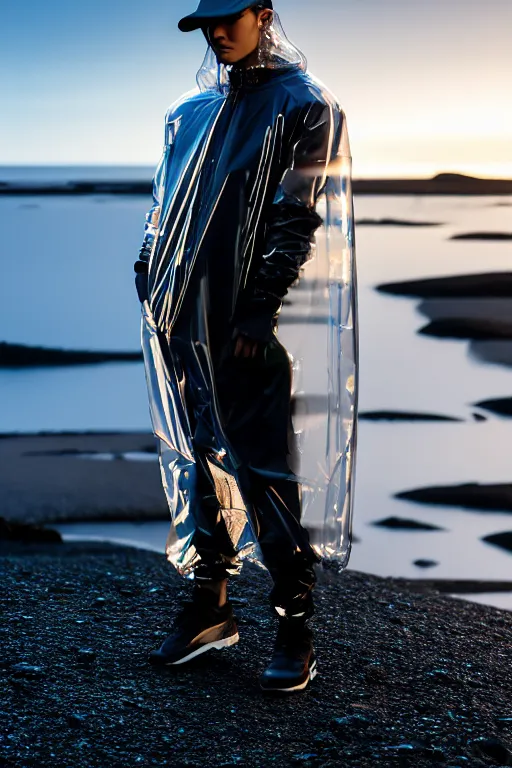 Prompt: an ultra high definition professional high fashion portrait studio full length photograph of a cute male model wearing a transparent pearlescent raincoat and neon visor in an icelandic black rock environment at dawn. no artefacts. extremely detailed. stark. refraction. shallow depth of field. volumetric light and shadow. ray tracing. light rays.