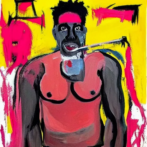 Image similar to A mirror selfie of a black handsome muscular man with white angel wings and black devil horns holding an iPhone, pitchfork, full body, pink background, abstract jean-Michel Basquiat!!!!!!!! oil painting with thick paint strokes!!!!!!!!, oil on canvas, aesthetic, y2k!!!!!!, intricately!!!!!!!! detailed artwork!!!!!!!, trending on artstation, in the style of jean-Michel Basquiat!!!!!!!!!!!!, by jean-Michel Basquiat!!!!!!!!!!!, in the style of jean-Michel Basquiat!!!!!!!!!!!, in the style of jean-Michel Basquiat!!!!!!!!!!!, in the style of jean-Michel Basquiat!!!!!!!!!!!, in the style of jean-Michel Basquiat!!!!!!!!!!!, in the style of jean-Michel Basquiat!!!!!!!!!!!