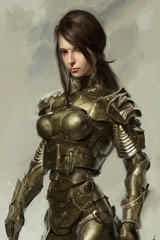 Image similar to a professionally painted portrait of an attractive young woman, clothed in military armor, olive skin, long dark hair, beautiful bone structure, symmetrical facial features, intricate, elegant, digital painting, trending on Artstation, concept art, smooth, sharp focus, illustration, from Metal Gear by Ruan Jia and Mandy Jurgens and Artgerm and William-Adolphe Bouguerea, award winning