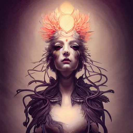 Image similar to fantasy portrait of a woman made of obsidian and smoke, carved Japanese Sakura wood organic overgrowth, holding nevermore, peter mohrbacher, artgerm, James Jean