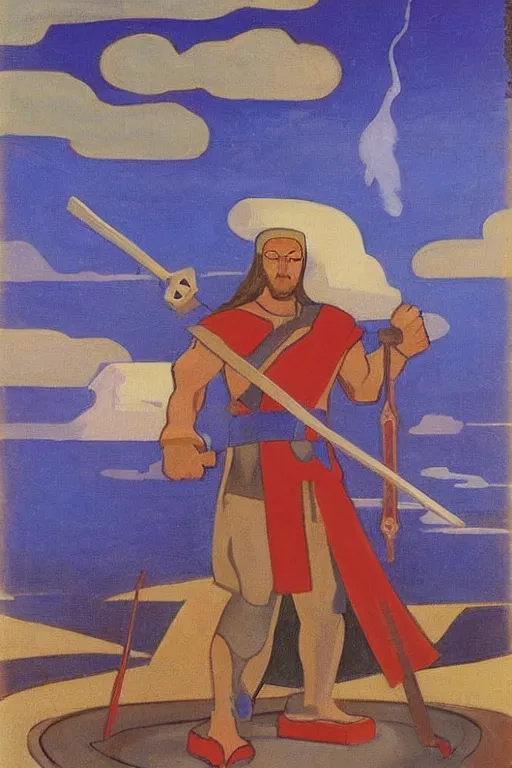 Image similar to thor with hammer, marvel, artwork by nicholas roerich,