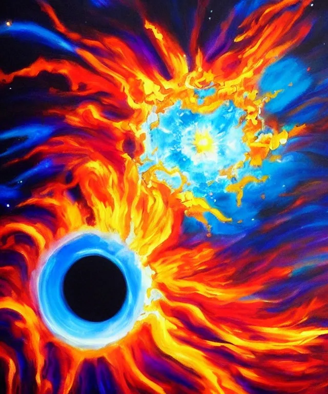 Image similar to blackhole sun, space, painting, bright colors, orange flames